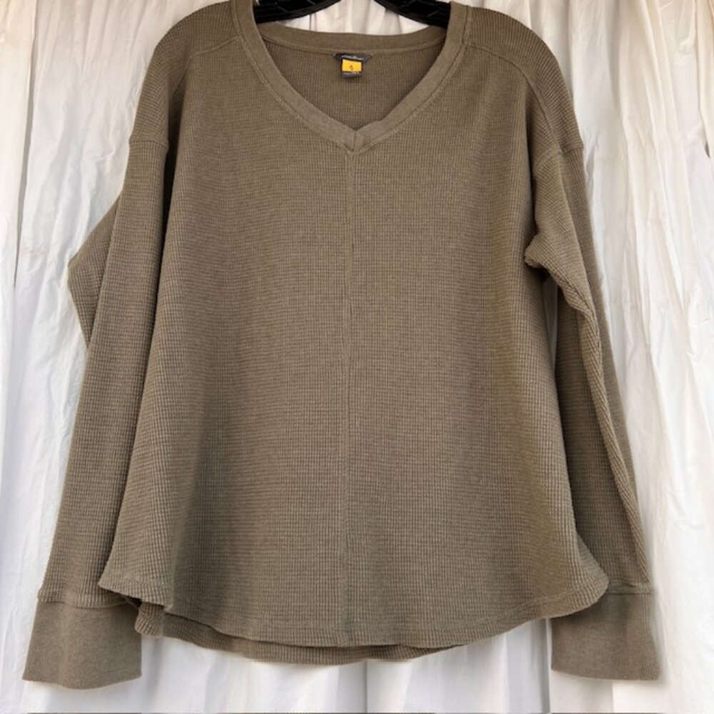 Eddie Bauer Olive Green Waffle Knit V-Neck Long Sleeve Plus Size Tall 2XL